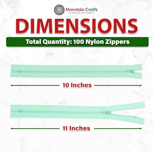 Image of Mandala Crafts 100 PCs Mint Closed-End 10 Inches Nylon Zippers for Sewing
