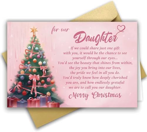 Romantic Merry Christmas Card for Daughter, Sweet Daughter Christmas Card&Gift from Dad Mom Parent, Poem Xmas Tree Cards Happy Holiday Gift for Children Girls from Family
