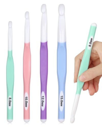 Coopay 4 Stück Groß Häkelnadel Set, Größen 8,0 mm 10 mm 12 mm 15 mm Länger Häkelnadeln mit ABS Häkeln Kopf, TPR Häkelgriff, Ergonomische Chunky Häkelnadel für Dicke Wolle, Teppiche, Bulky Garn Project