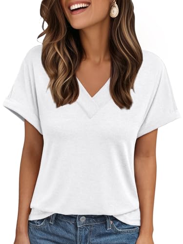 AUTOMET Women Beach Fashion Summer Tops White Tee Shirts V Neck Casual Top 2025 Spring Clothes Cute Basic Trendy Outfits White XXL