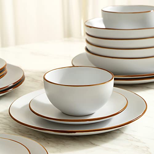 Image of Stone Lain Brasa Stoneware 32 Piece Modern Dinnerware Set, Plates and Bowls, Service for 8, White, Microwave & Dishwasher Safe