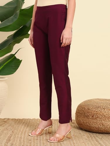 Image of Vogaan Women's Cotton Silk Pant | Half-Elasticated Waist Slim Fit Trouser for Women | Casual Pocket Pants for Office Formal Daily Use