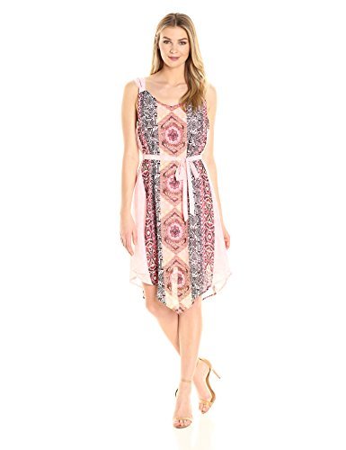 Allison Brittney Women's Printed V-Neck Strap Dress with Self Belt, Pink Dubarry Combo, XL