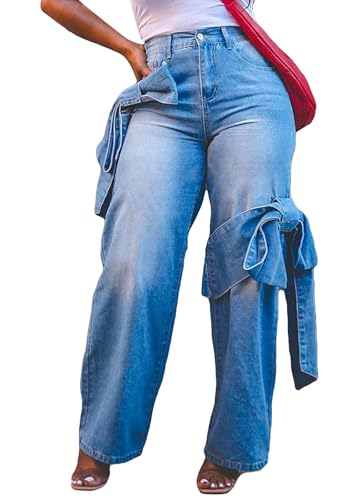 Women's Baggy Jeans Y2k Bow Tie Straight Wide Leg Denim Pants Streetwear Club Party