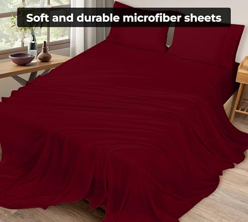 Image of Royale Linens Full Flat Sheet - Ultra Soft Brushed 1800 Microfiber Flat Sheets Only - Wrinkle Free & Stain Resistant - Hotel Quality Top Sheet for Bed (Full, Burgundy)