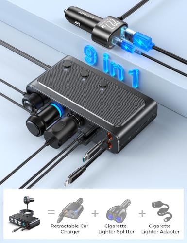 Image of 227W 9 in 1 Cigarette Lighter Splitter, PD36W *2 & QC3.0 Fast Car Charger | Retractable USB C Fast Charger, 12V /24V Car Charger, 31.5IN Retractable Cords & 39.6IN Extension Cord, LED Voltage Display