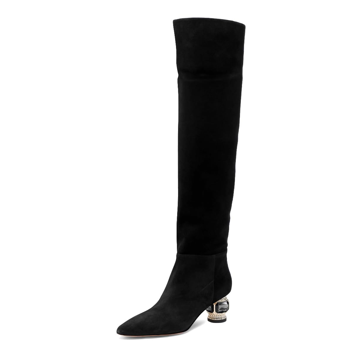 XYD Women Thigh High Block Crystal Low Heel Boots Pointed Toe Stretch Over The Knee Pull-on Autumn Winter
