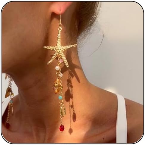 Gold Starfish Tassel Dangle Earrings for Women,Vintage Beach Jellyfish/Starfish/Shell Drop Earring Charm Crystal Pearl Bead Long Dangle Drop Earring Boho Beach Jewelry