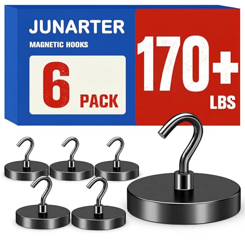Image of 6 Pack 170lbs Strong Magnetic Hooks, Magnet Hooks Heavy Duty | Black Magnetic Hooks for Cruise Cabins, Magnet with Hooks, Metal Magnetic Hook for Hanging, Refrigerator, Garage, Outdoor