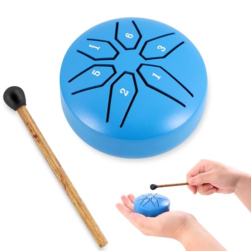 EASTROCK Mini Steel Tongue Drum 3 Inch 6 Notes Percussion Instrument Handpan Drum C Key with Mallets Music Book Steel Drum for Meditation Relaxation (Blue)