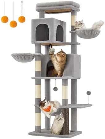 （20:30時点） FEANDREA キャットタワー 猫タワー スリム 大型猫用 多頭飼い 据え置き 登りやすい 省スペース ハンモック 見晴台 ねこハウス ボンボン 天然麻紐 グレー 高さ175cm 猫用キャットタワーが新登場 PCT182G01