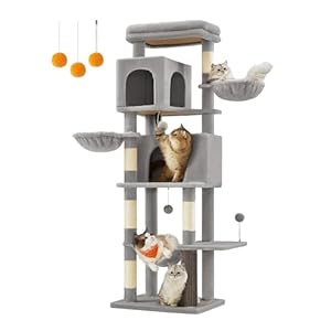 Feandrea Cat Tree, 69-Inch Tall Cat Tower for Indoor Cats, Multi-Level Cat Condo with 2 Caves, 2 Baskets, 5 Scratching Posts, Self-Groomer, Perch, Hammock, Dove Gray UPCT182G01