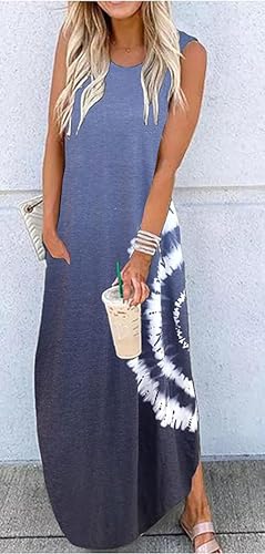 Image of CHUNTIANRAN Women's 2023 Casual Loose Sundress Maxi Dress Sleeveless Summer Beach Long Dresses Tshirt Dress with Pockets
