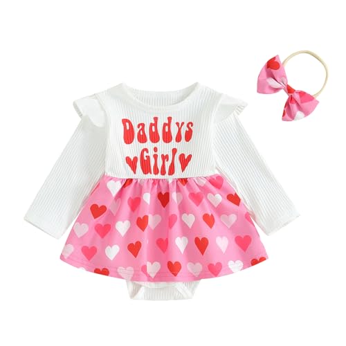 Image of Baby Daddys Girl Clothes Outfits Ribbed Ruffle Long Sleeve Onesie Dress Valentine's Day Romper Skirt Headband Set (Daddy's Girl Pink, 0-3 Months)