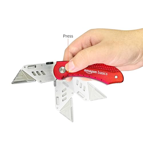Amazon Basics Folding Utility Knife Box Cutter with Back-lock Mechanism, Portable Lightweight Aluminum Handle, Red view 4