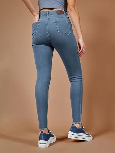 Image of Miss Chase Women's Skinny High Rise Cropped Fringed Hemline Detailing Stretchable Denim Jeans
