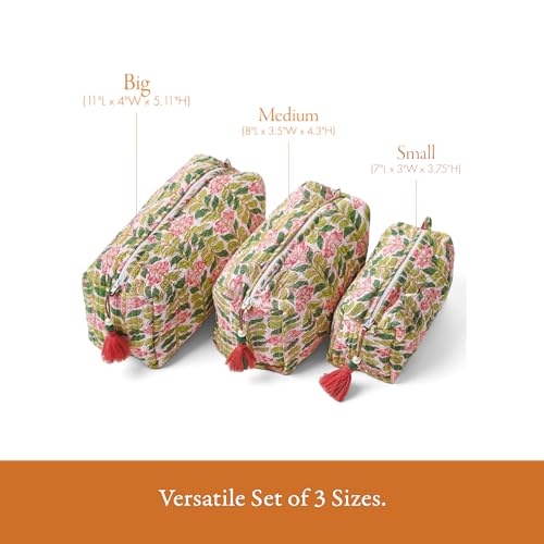 Quilted Floral Makeup Bag Set – Madagascar Prewinkle Vanilla Pattern 3 Sizes, Waterproof Lining, Make Up Travel Cosmetic & Toiletry Bags For Traveling Women4