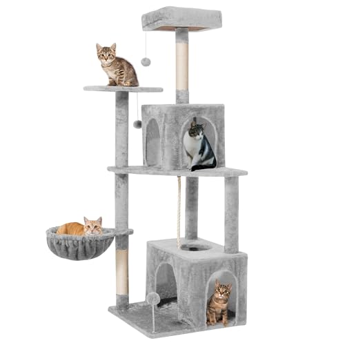 Image of 54inch Large Cat Tree Tower Condo with Hammock for Indoor Cats, Soft Plush Multi-Level Climbing Tree Cat House with Cat Cave, Scratching Post, Sisal Rope, Light Grey
