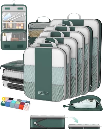 Image of OlarHike 10 Set Compression Packing Cubes for Travel Essentials,Compressible Expandable Space Saver Bags for Organizing Clothes,Luggage Suitcase Garment Bags with Over 1000 pcs Mesh Holes(Dark Green)