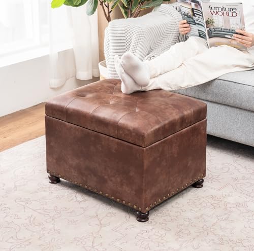 Image of Joveco Leather Storage Ottoman, 24 inch Rectangle Tufted Square Upholstered Bench, Foot Rest Stool with Wood Legs, Footstool for Living Room Bedroom, Coffee