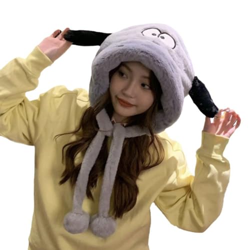 Furry Thickened Plush Dog Ear Muff Hat for Skiing Hiking Lady Windproof Ushanka for Cold Weather Gray