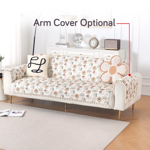 Image of HOKIPO Wildflower Breeze Quilted Sofa Cover 3 Seater and 2 Seater with Tassels Set - 5 Seater Sofa Cover (3+2) for Seat & Back | 'Tassel Twigs' Series (IN-991-T7 + IN-990-T7)