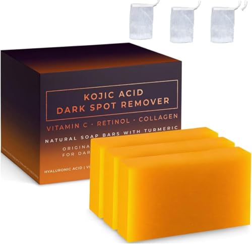 Turmeric Kojic Acid Soap Turmeric Hyaluronic Acid for Face and Body Kojic Acid Dark Spot Remover Soap Bars with Vitamin C Retinol Collagen Vitamin E Shea Butter (3pcs)