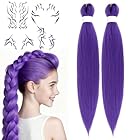 Purple Hair Extensions,26 Inch Purple Braiding Hair with Temporary Tattoos,Stretched Synthetic Braiding Hair Extensions for Stage Party Halloween Costume Cosplay Braided Ponytail Extension (2)