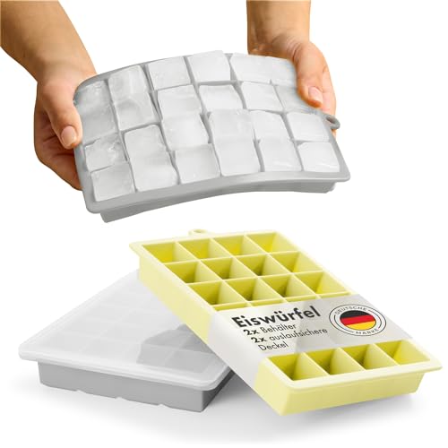 Blumtal Eiswürfelformen Silikon 2x24er - Eiswürfelform mit Deckel - Silikon Eiswürfelform für Eiswürfel 2,6 cm - 2 x Eiswürfelformen in M - BPA freier Ice Cube Maker 2x - Ultimate Grey und Yellow