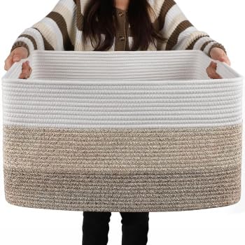 Image of Large Cotton Rope Storage Basket with Handles,Woven Laundry & Toy Basket