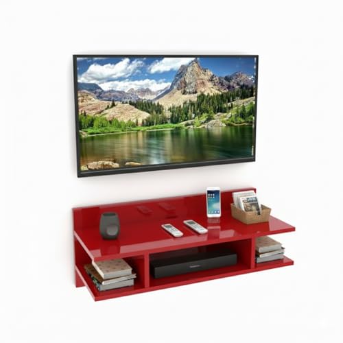 Image of Engineered Wood Set Top Box Stand | Wall Mounted TV Unit Shelf for Router, WiFi, DVD, Gaming Console | Sturdy & Space Saving TV Accessory Organizer (Brown, 50 x 20 x 15 cm) (Red)