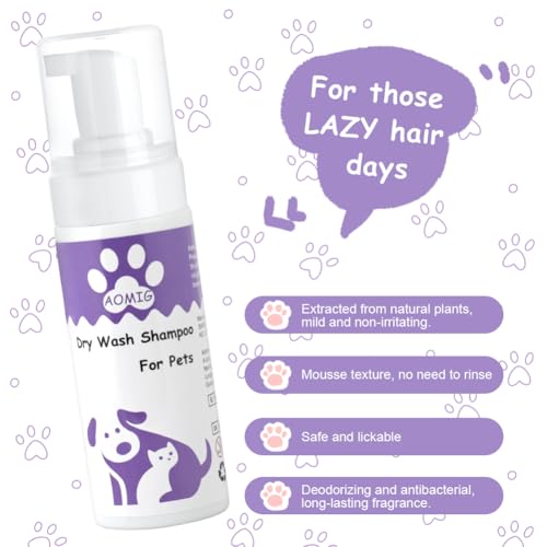 Aomig Wasserloses Trockenshampoo für Hunde Katzen Kleintiere Schnelle Sanfte Reinigung mit Pflegenden Pflanzenextrakten Ohne Alkohol Schaumformel Rückstandsfrei für Reisen empfindliche Haut (150ml)