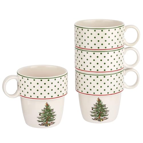 Spode Christmas Tree Polka Dot Stackable Mugs, Set of 4 - Festive 10oz Mugs for Hot Chocolate and Coffee, Space-Saving Design, Dishwasher, Microwave, Freezer Safe - Fine Earthenware Holiday Mugs