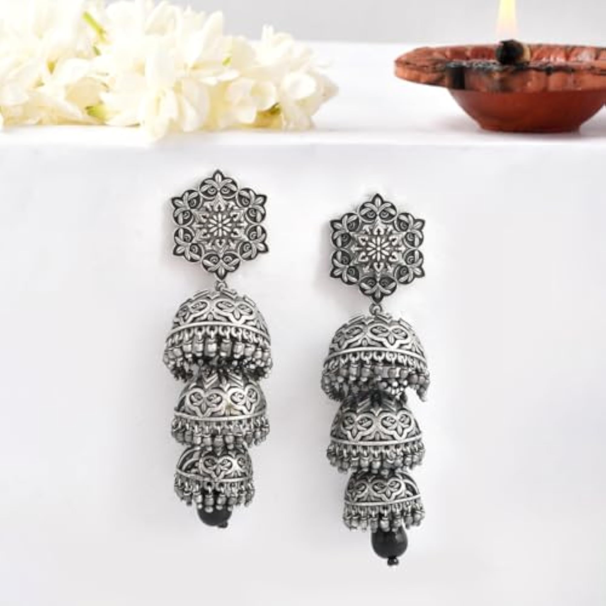 Nrityotsava Falguni 3 Layers Jhumka Earrings