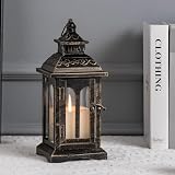 DECORKEY Candle Lantern Decorative Indoor & Outdoor, Christmas Vintage Metal Hanging Lanterns Decor for Front Porch Home Patio Wedding Party, Halloween Decorations (Black with Copper Brush)