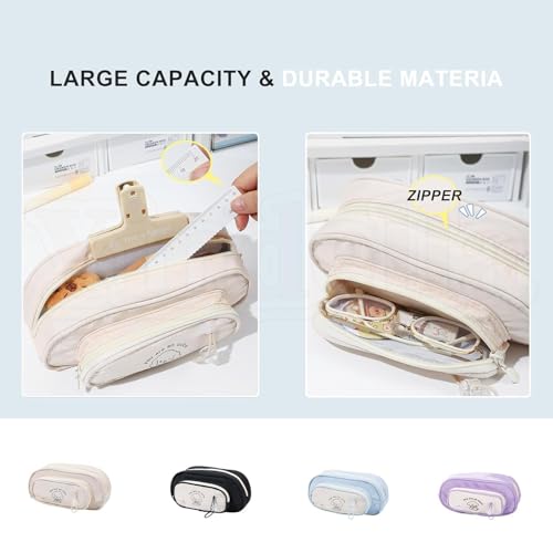 Image of Canvas School Bag Pencil Case, 3 Layer 6 Compartment Large Capacity, Aesthetic Pencil Pouch for Stationary, Cute Stationery for Kids, Pencil Case for Girls & Boys (Sweet Black)