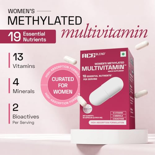 Image of Ace Blend Multivitamin Capsules for Women | Pack of 60 | With Iron & Methylated Multivitamin | 19 Essential Nutrients with Quatrefolic, MenaQ7 K2 & Vitashine D3 | Supports Hormonal Balance & Immunity