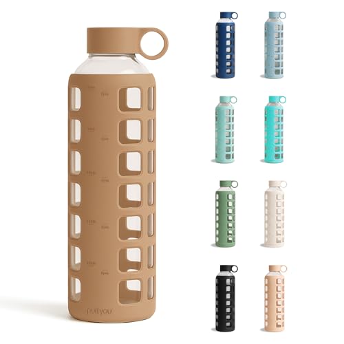 Image of purifyou 40oz / 32oz / 22oz / 12oz Borosilicate Glass Water Bottle with Time & Volume Markers, Silicone Sleeve, Stainless Steel Lid | Reusable Glass Bottle for Water & Juice (32oz Iced Coffee)
