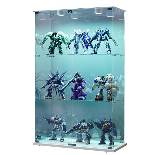 Sorvaglos - Vitrina de cristal con iluminación LED, 3 pisos, puerta de cristal templado, blanco, antipolvo, vitrina vertical para sala de estar, oficina, objetos de colección, 35 x 78,5 x 123,3 cm