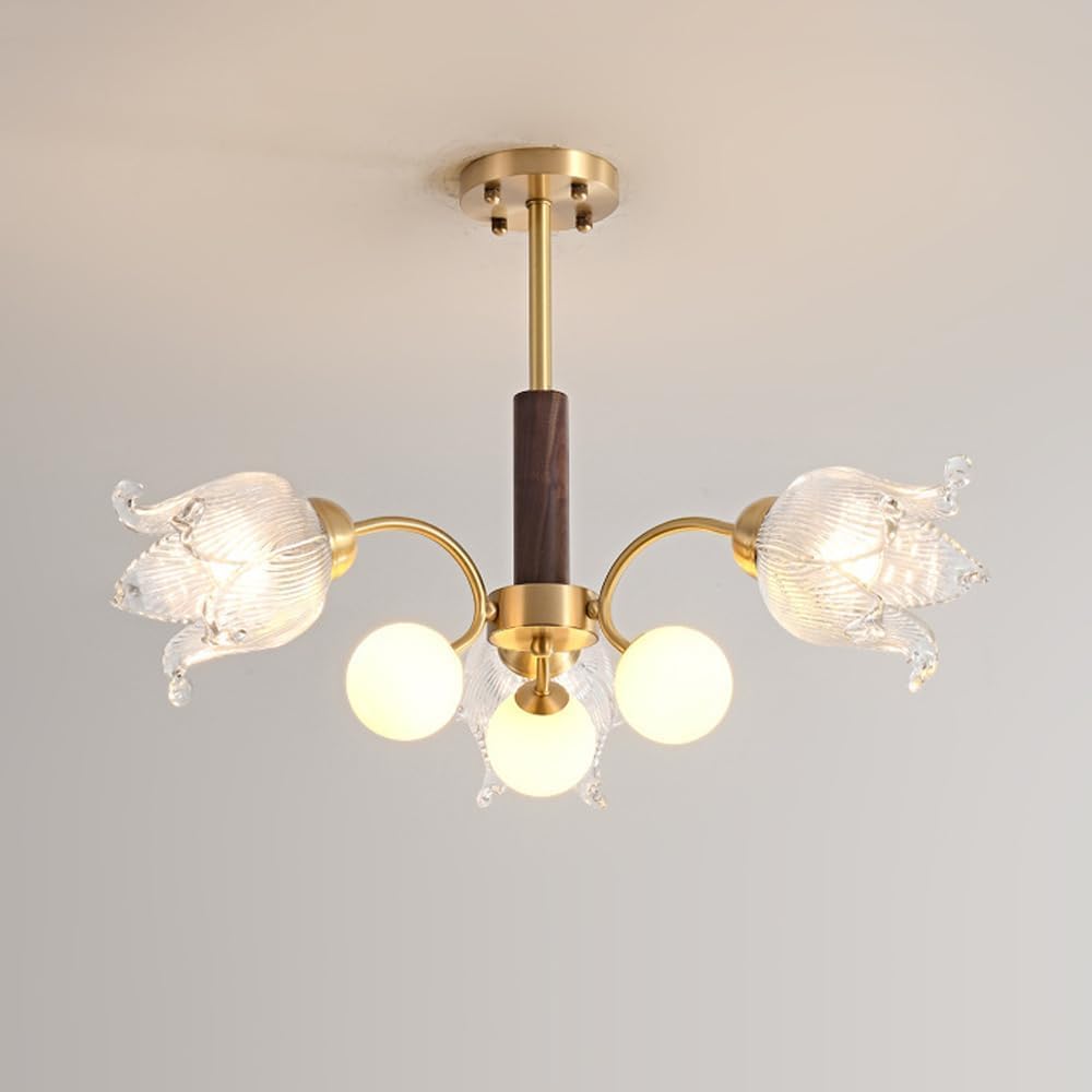 Lustre en laiton style milieu du siècle en verre opalin et noyer