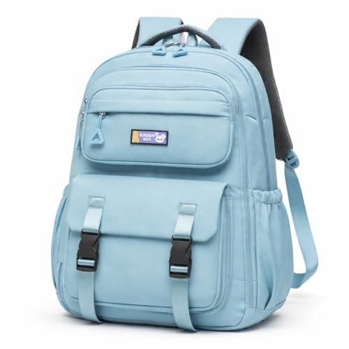 Mochila Escolar Feminina Grande, Resistente, Material Oxford e Poliéster, Compartimentos Múltiplos, Alças Acolchoadas, para Estudantes (Azul Claro)