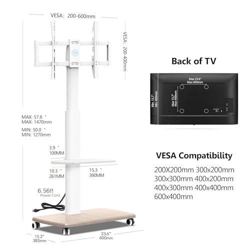 FITUEYES Rolling TV Stand with Power Outlets, Swivel Portable TV Stand for 32-70 Inch LCD LED OLED Flat/Curved Panel Screen TVs, Height Adjustable&Wood Base, Mobile TV Cart with Shelf