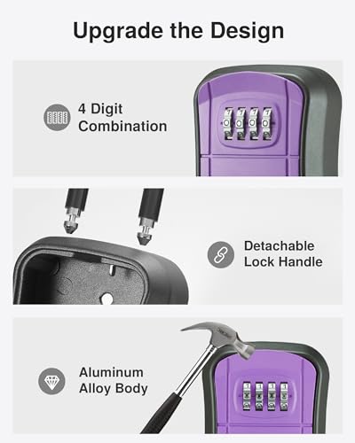 Image of Puroma Key Lock Box, Portable Combination Lockbox Wall-Mounted Key Storage Box for House Keys, Resettable Code Safe Security Lock Box for Home, Office, Apartment Spare Key Storage (1 Pack, Purple)