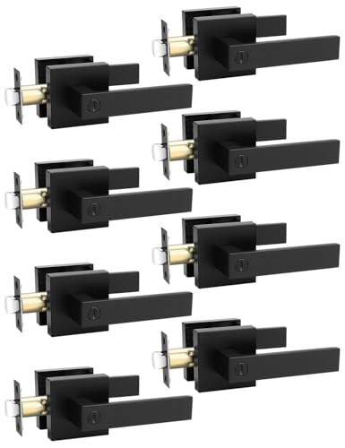 Image of Tinewa 8 Pack Square Privacy Door Levers Locksets in Matte Black Finish, Bed /Bath Door Levers Keyless Interior Handles,Reversible for Left Right Handed Doors