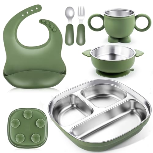 Image of Stainless Steel Kids Plates and Bowls, 6 Pcs Baby Tableware Set Contain Deep-Divide Toddler Plates, Bowls, Cup, Utensils & Bib – BPA-Free 304 Steel + Silicone Suction – Dishwasher Safe