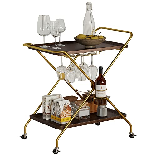 IRONCK Bar Cart with Wine Rack, 2 Tier Kitchen Cart on Wheels Industrial Coffee Cart, Liquor cart with Glass Holders for Kitchen Living Room, Brown/Brass