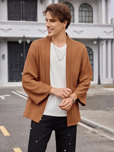 OYOANGLE Men's Japanese Rib Knit Kimono Cardigan Jackets Long Sleeve Open Front Coat Yukata Outwear4