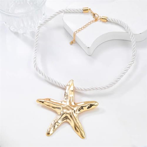 Dtja Large Starfish Pendant Necklace for Women Girls Handmade Hammered Star Shaped Ocean Sea Marine Life Rope Chain Adjustable Necklaces Fashion Chic Beach Holiday Party Jewelry 20"4