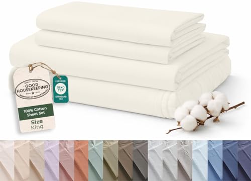 Image of ROYALE LINENS 100% Organic Cotton King Sheet Set - 16 inch Deep Pocket Bed Sheets - Eco Friendly Ivory Bed Sheets - Sabanas King - 1 Flat, 1 Fitted & 2 Pillowcases - Ivory Sheet Set - Cotton Bedding Sets