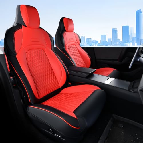 Image of Coverado Front Seat Covers for 2024-2025 Tesla Model 3, Waterproof Car Seat Covers, Front 2PCS, Leatherette Car Seat Cover Seat Protector Custom for Tesla Model 3, Black & Red